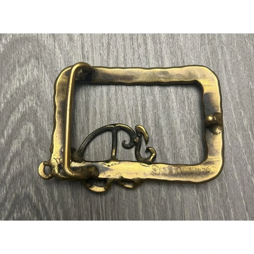 Vintage Dick Peck Belt Buckle Mens Brass Hammered Monogram JDM Signed 1976 1970s